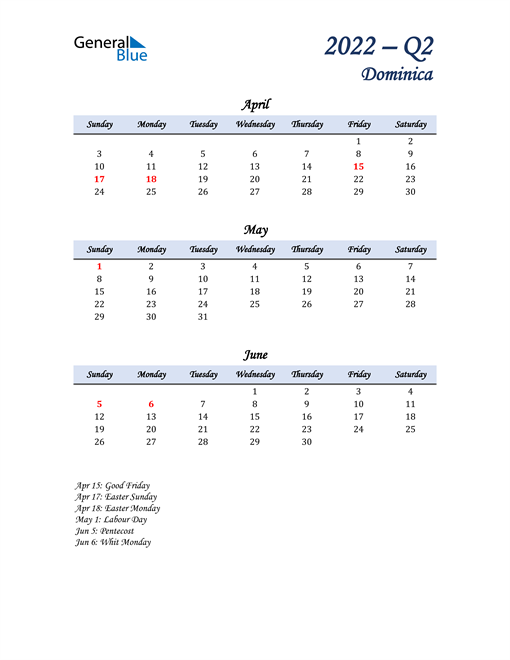 April, May, and June Calendar for Dominica