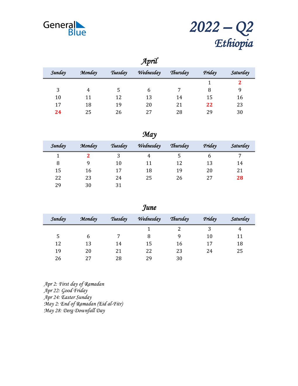 April, May, and June Calendar for Ethiopia