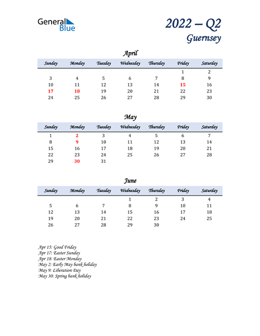  April, May, and June Calendar for Guernsey
