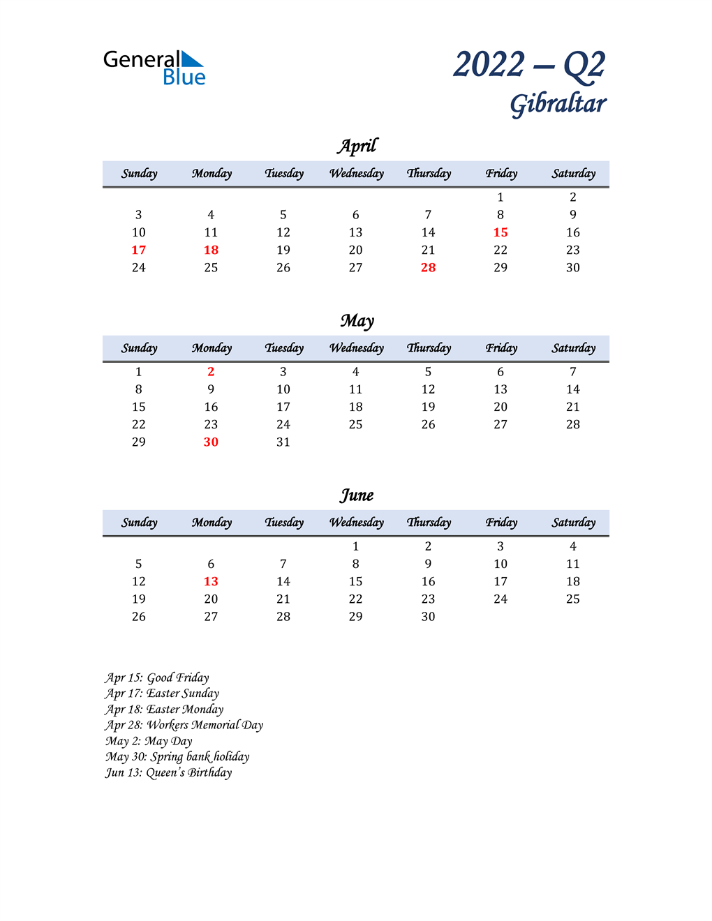  April, May, and June Calendar for Gibraltar