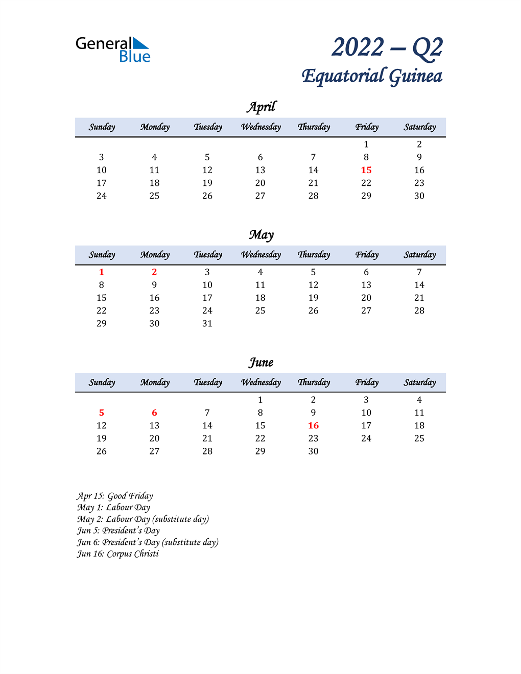  April, May, and June Calendar for Equatorial Guinea