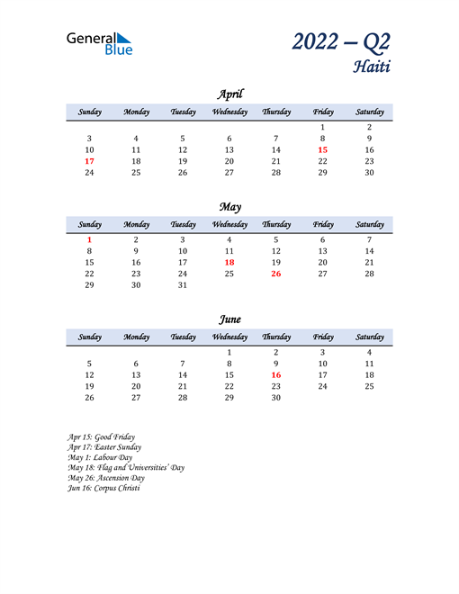  April, May, and June Calendar for Haiti