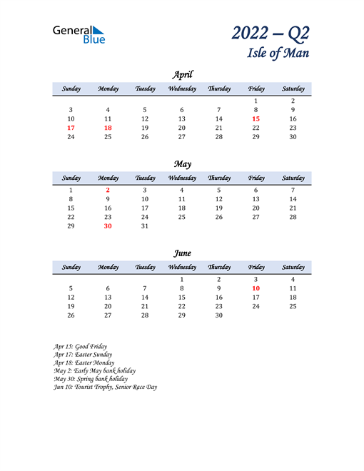  April, May, and June Calendar for Isle of Man