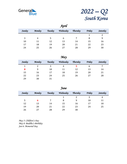  April, May, and June Calendar for South Korea