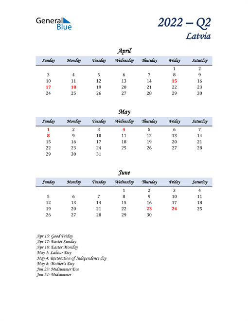  April, May, and June Calendar for Latvia