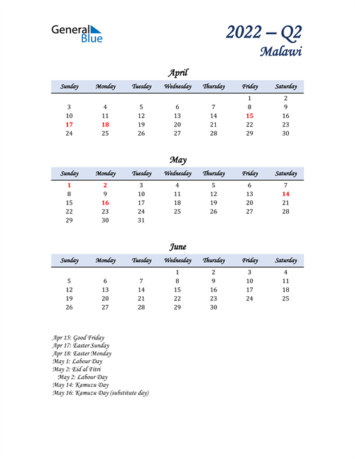  April, May, and June Calendar for Malawi