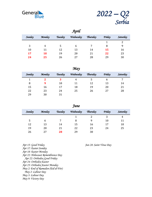  April, May, and June Calendar for Serbia