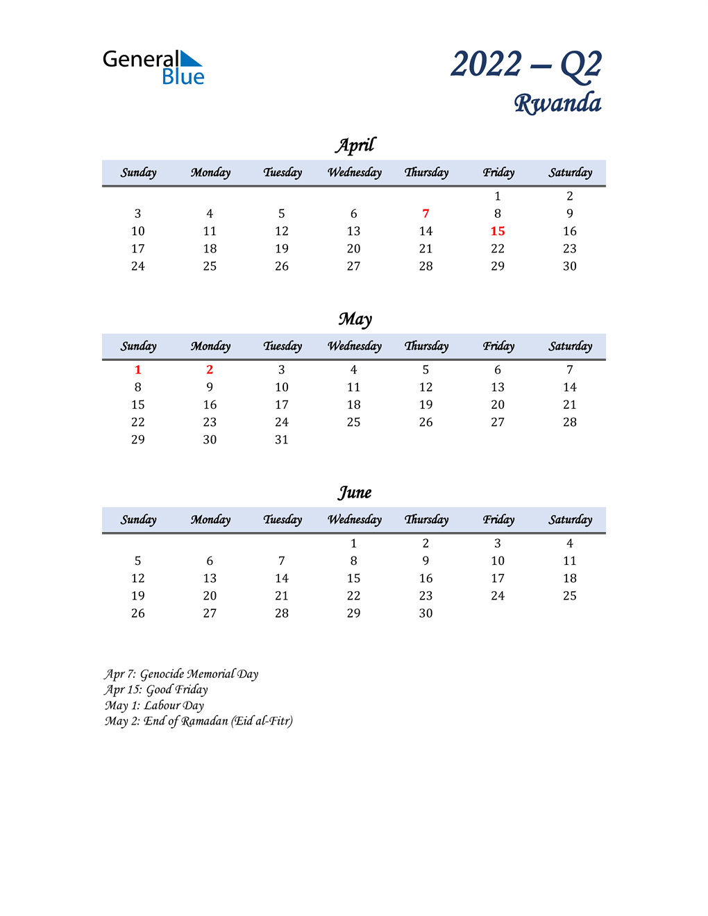  April, May, and June Calendar for Rwanda