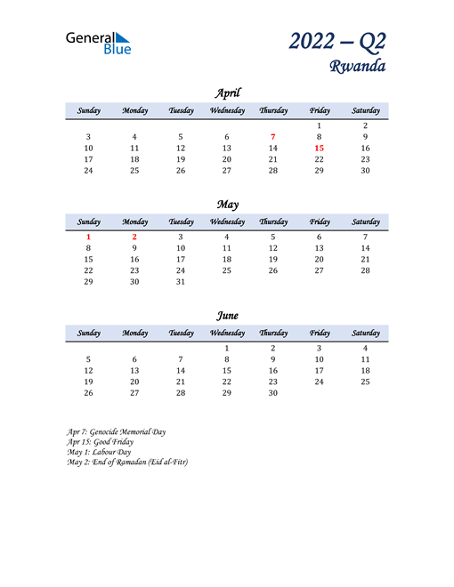  April, May, and June Calendar for Rwanda