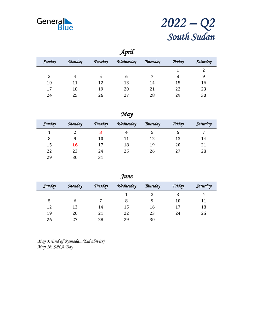  April, May, and June Calendar for South Sudan