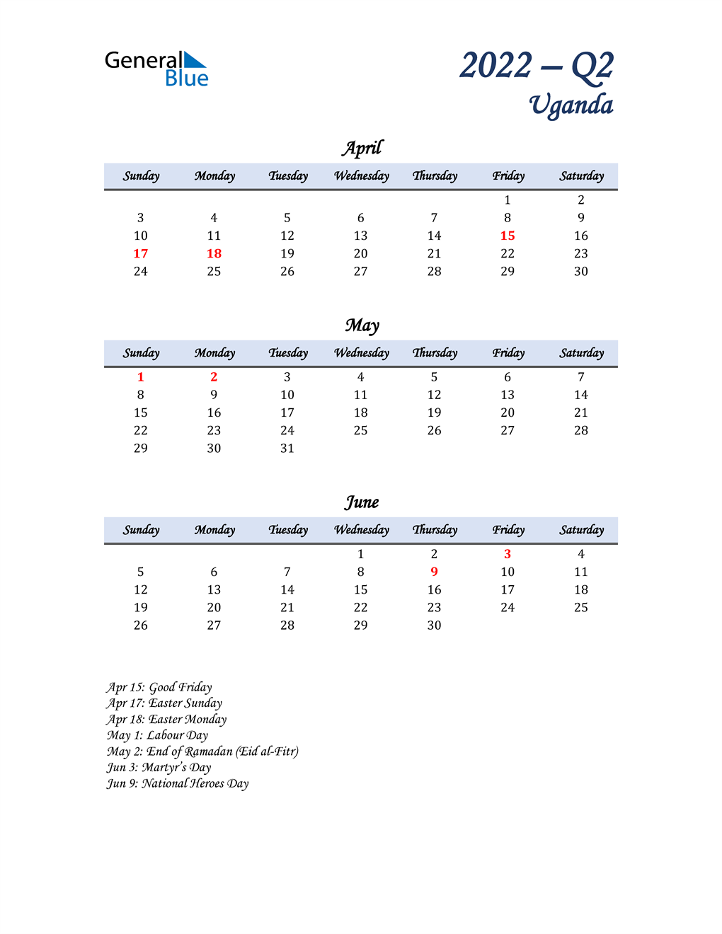  April, May, and June Calendar for Uganda