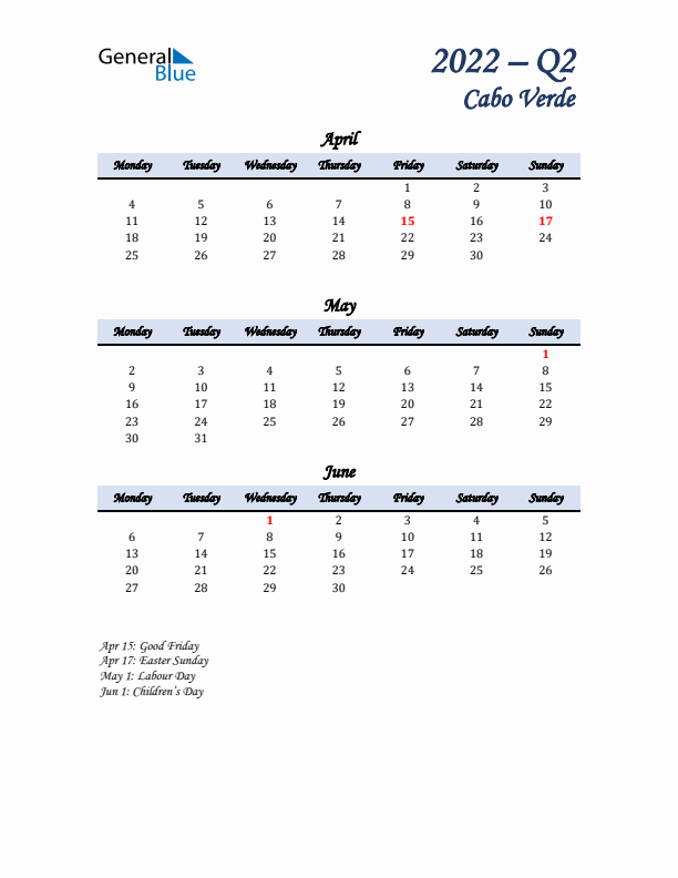 April, May, and June Calendar for Cabo Verde with Monday Start