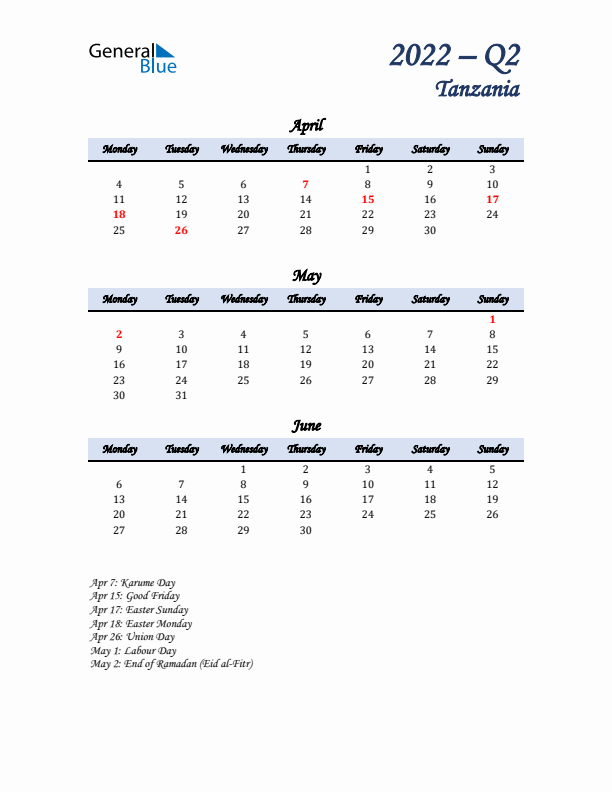 April, May, and June Calendar for Tanzania with Monday Start