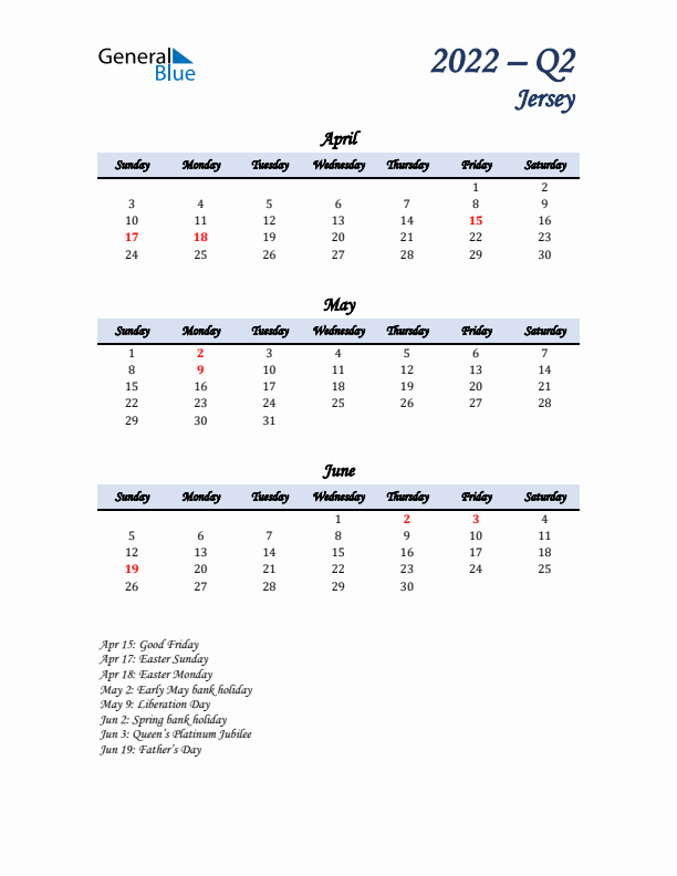 April, May, and June Calendar for Jersey with Sunday Start