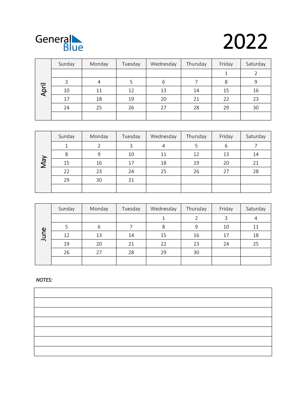 2022 Q2 Three Month Quarterly Calendar