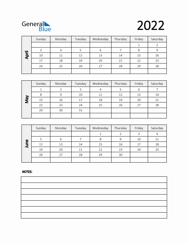 Q2 2022 Calendar with Notes