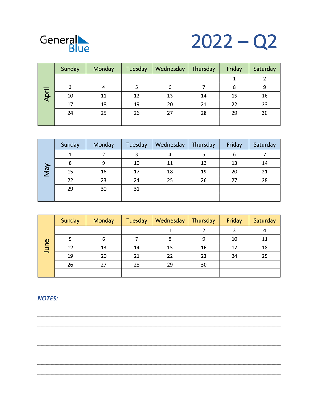 2022 Q2 Three Month Quarterly Calendar