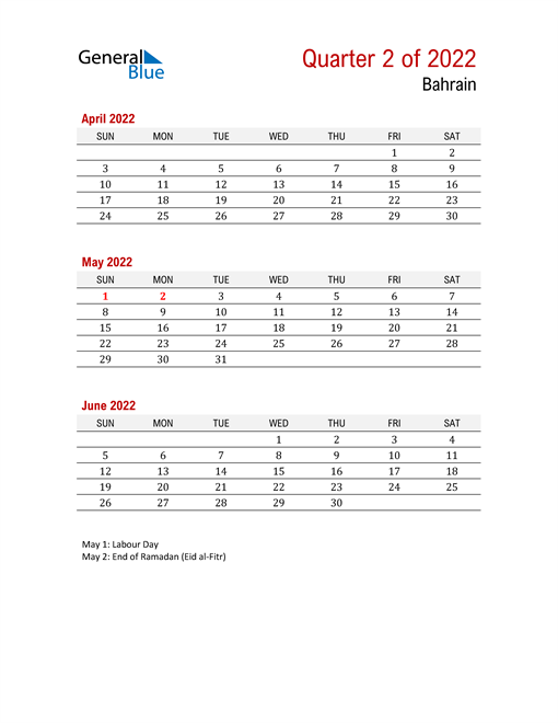  Printable Three Month Calendar for Bahrain