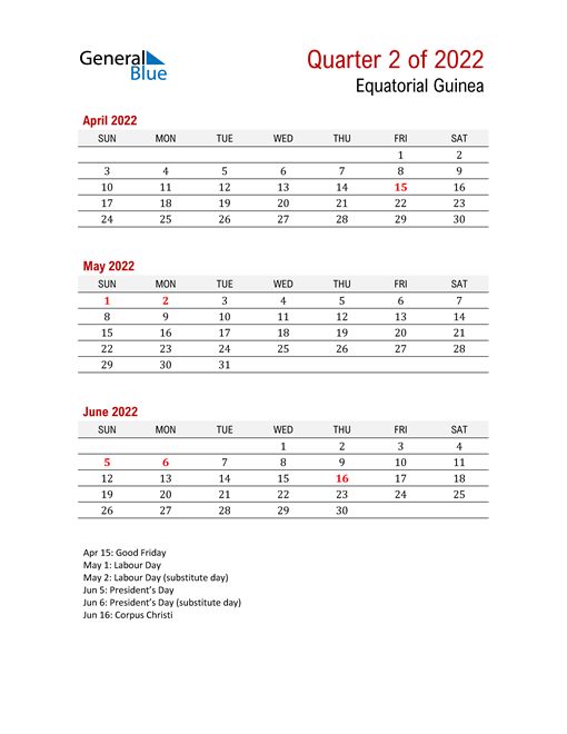  Printable Three Month Calendar for Equatorial Guinea