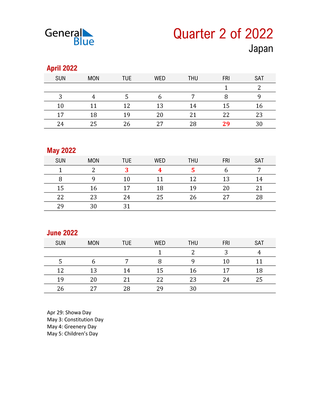  Printable Three Month Calendar for Japan