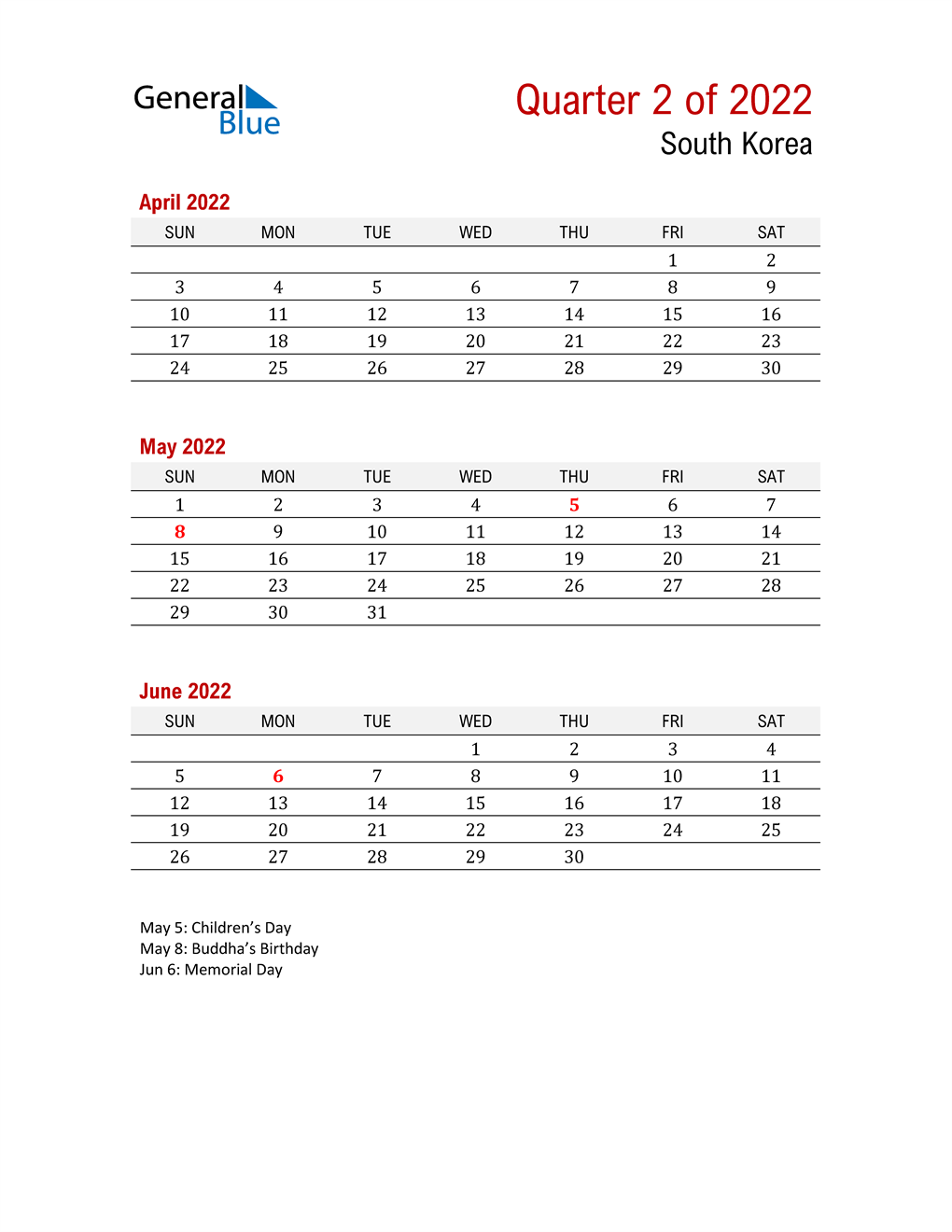  Printable Three Month Calendar for South Korea