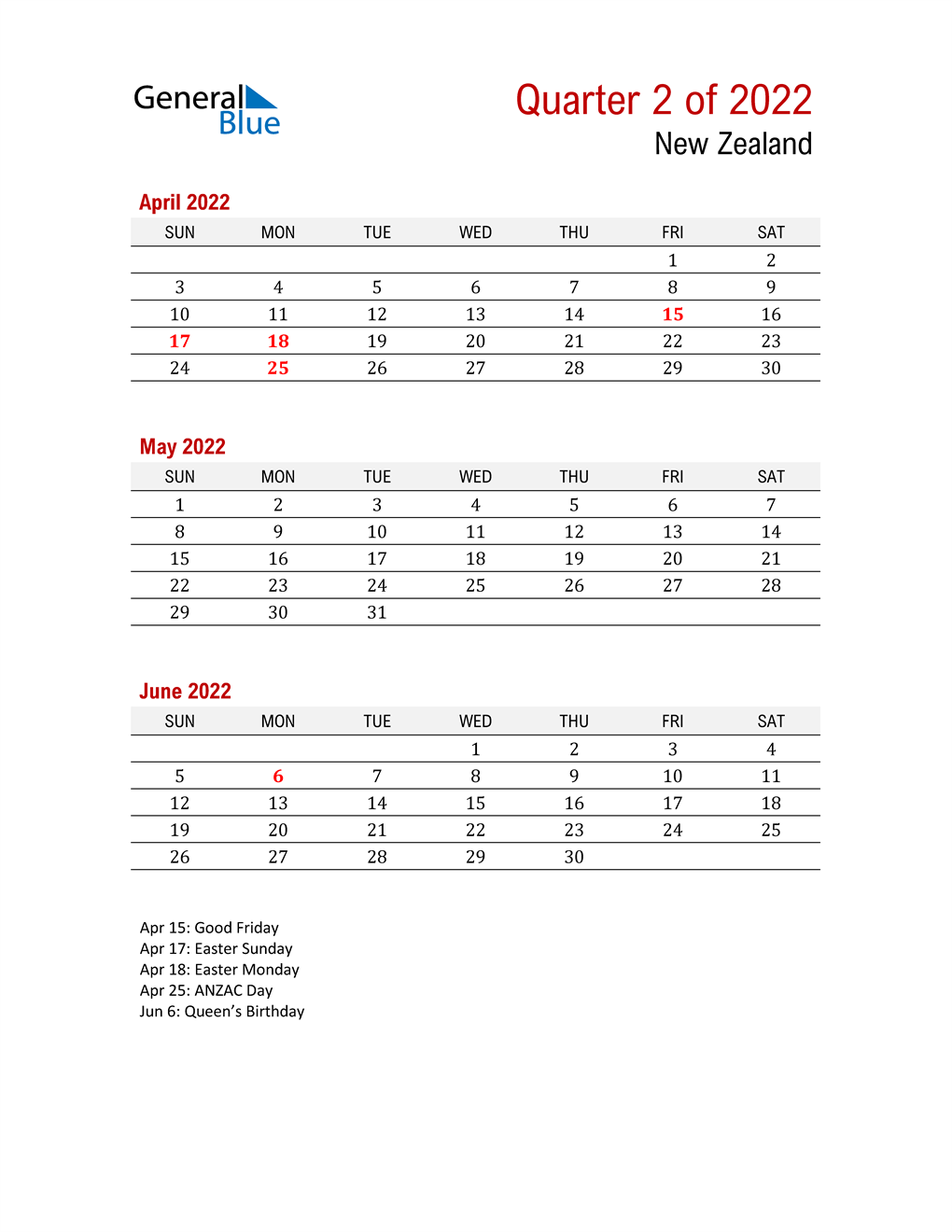 q2 2022 quarterly calendar for new zealand