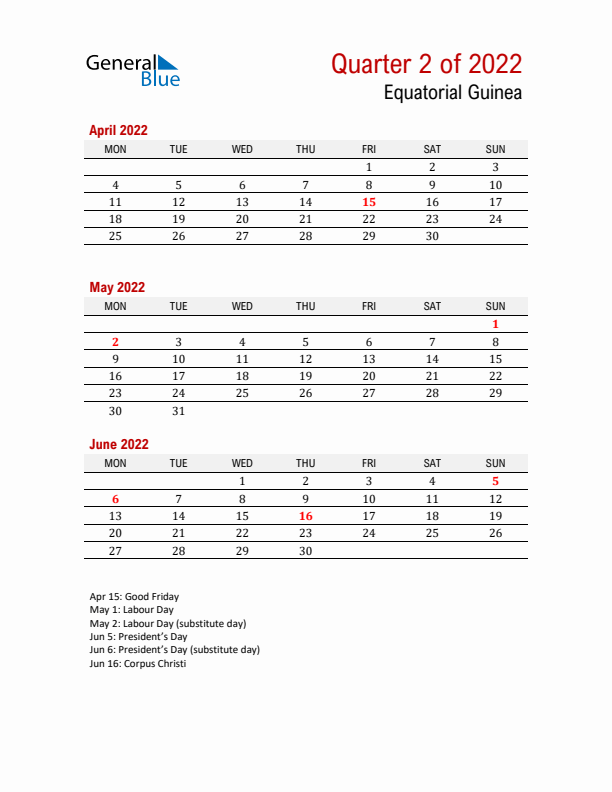 Printable Three Month Calendar with Equatorial Guinea Holidays