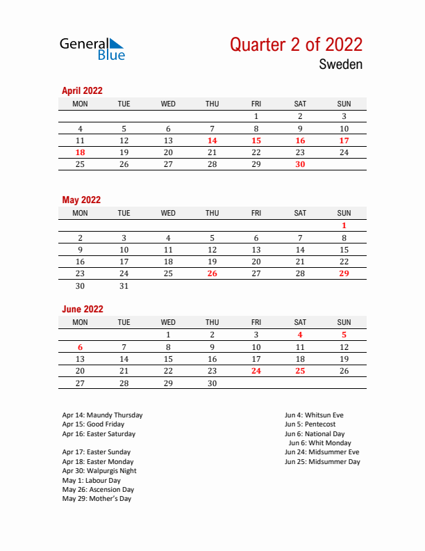 Printable Three Month Calendar with Sweden Holidays