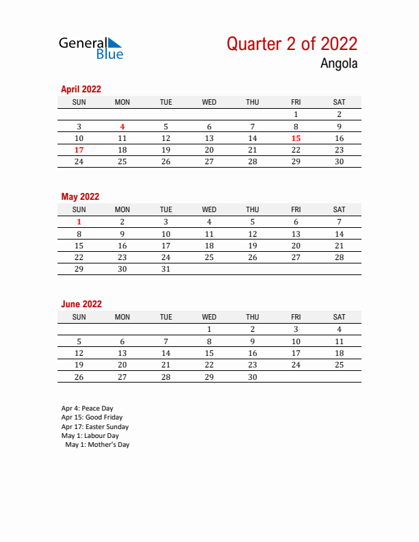 Printable Three Month Calendar with Angola Holidays