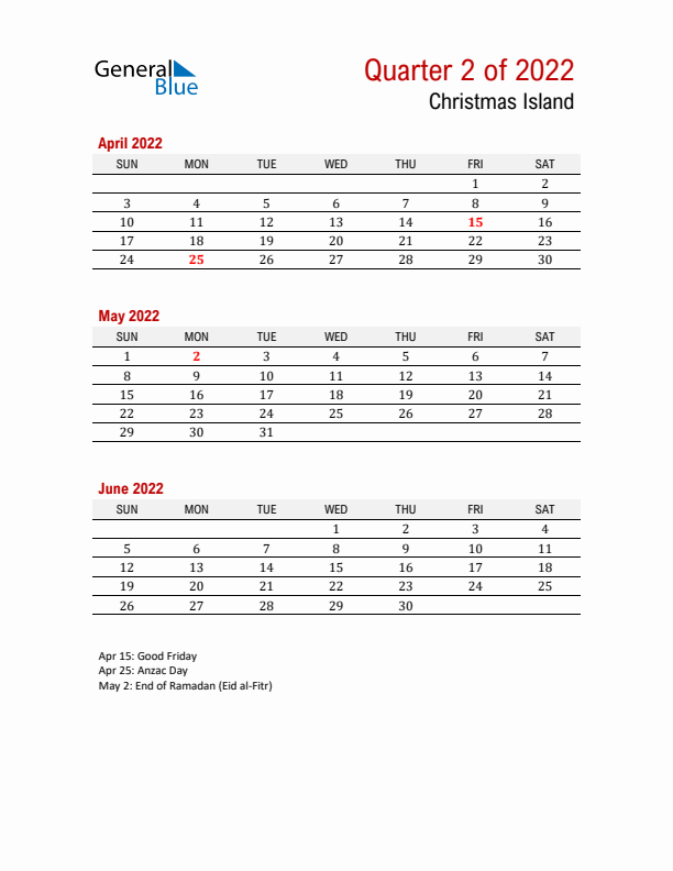 Printable Three Month Calendar with Christmas Island Holidays
