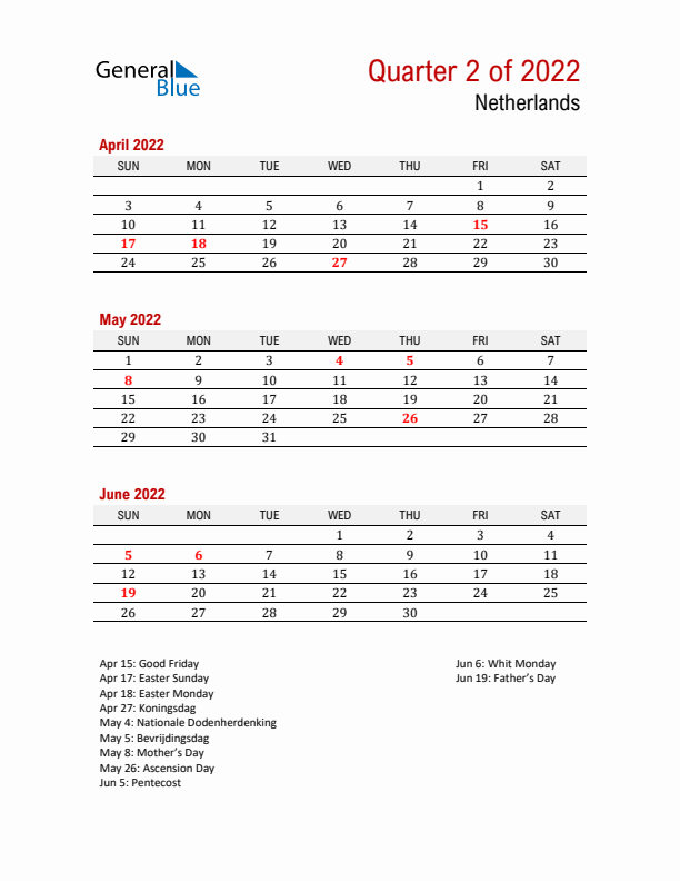 Printable Three Month Calendar with Netherlands Holidays