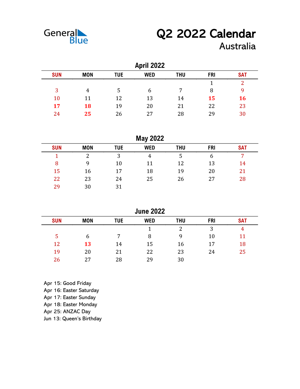 Q2 2022 Quarterly Calendar with Australia Holidays
