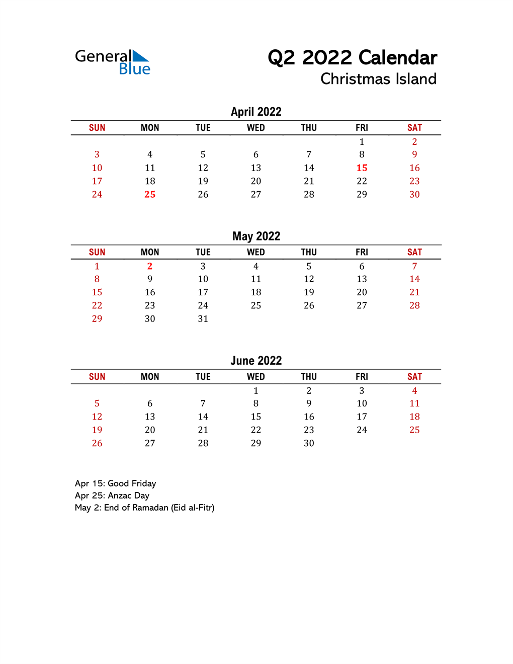  2022 Q2 Calendar with Holidays List