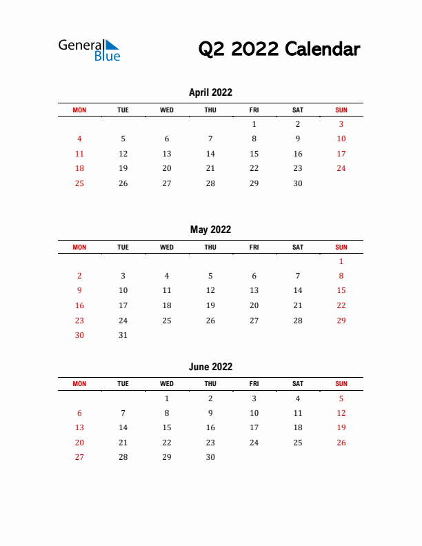 2022 Q2 Calendar with Red Weekend