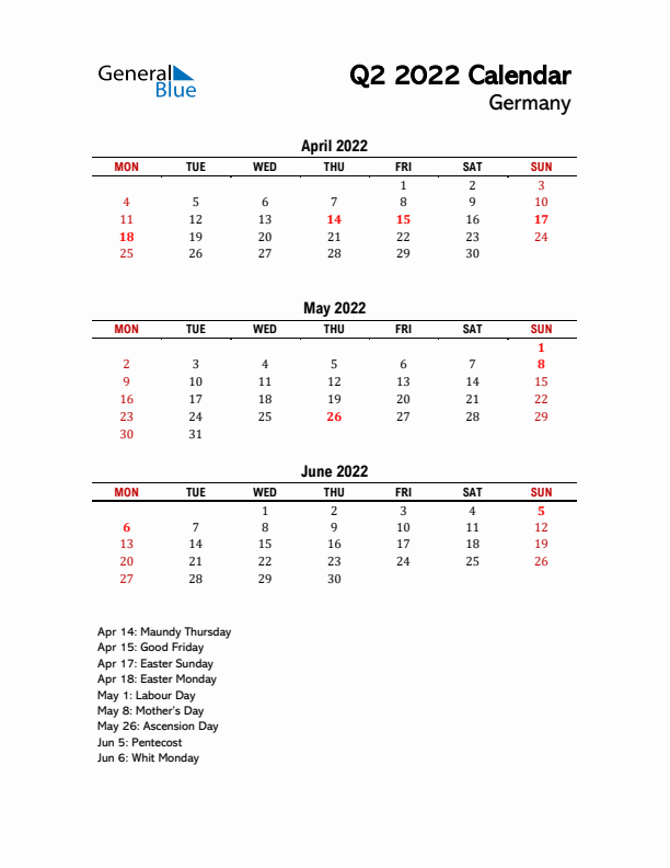 2022 Q2 Calendar with Holidays List for Germany