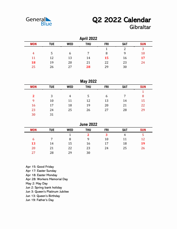 2022 Q2 Calendar with Holidays List for Gibraltar
