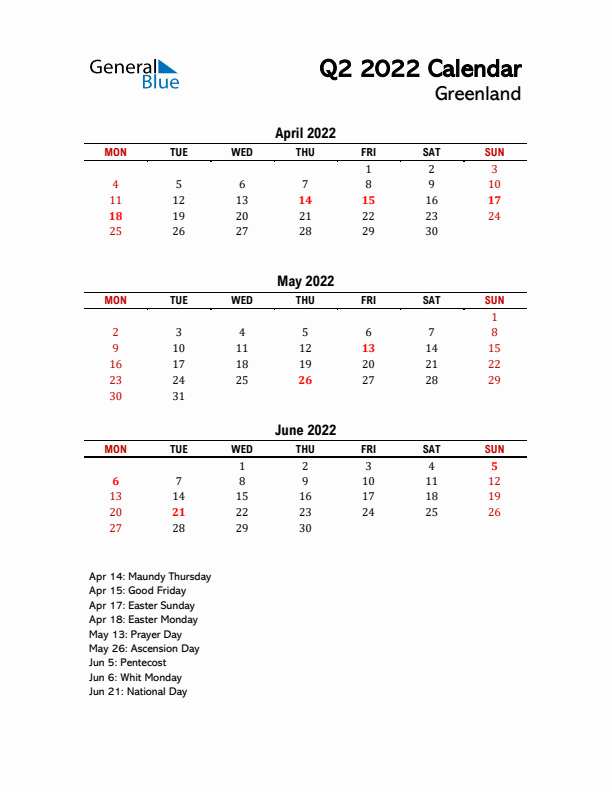 2022 Q2 Calendar with Holidays List for Greenland