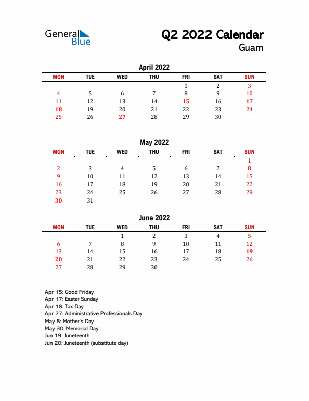 2022 Q2 Calendar with Holidays List for Guam