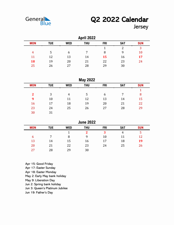2022 Q2 Calendar with Holidays List for Jersey