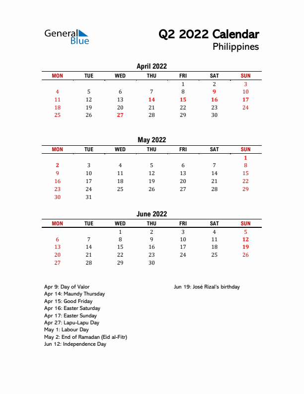 2022 Q2 Calendar with Holidays List for Philippines