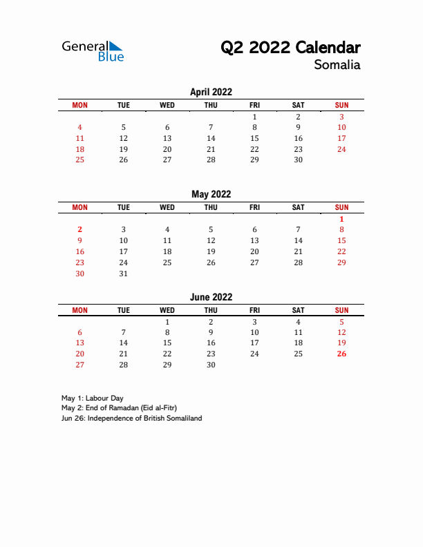 2022 Q2 Calendar with Holidays List for Somalia