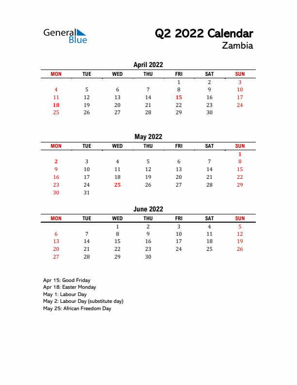 2022 Q2 Calendar with Holidays List for Zambia