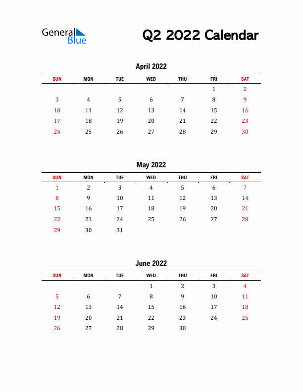 2022 Q2 Calendar with Red Weekend