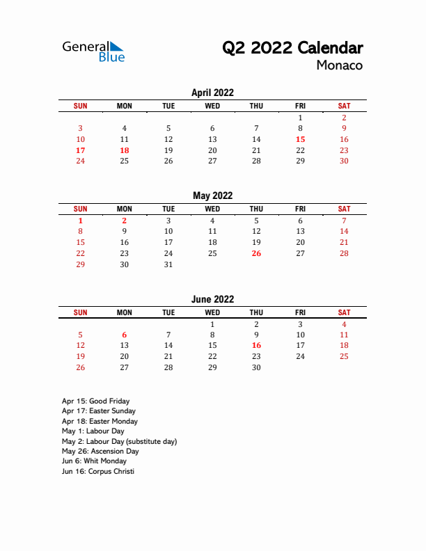 2022 Q2 Calendar with Holidays List for Monaco