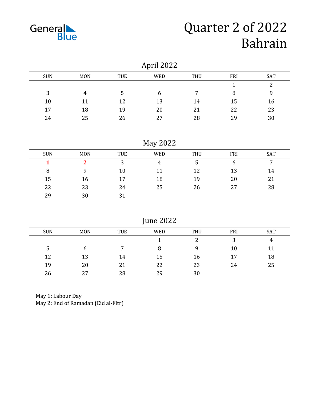  2022 Bahrain Quarterly Calendar
