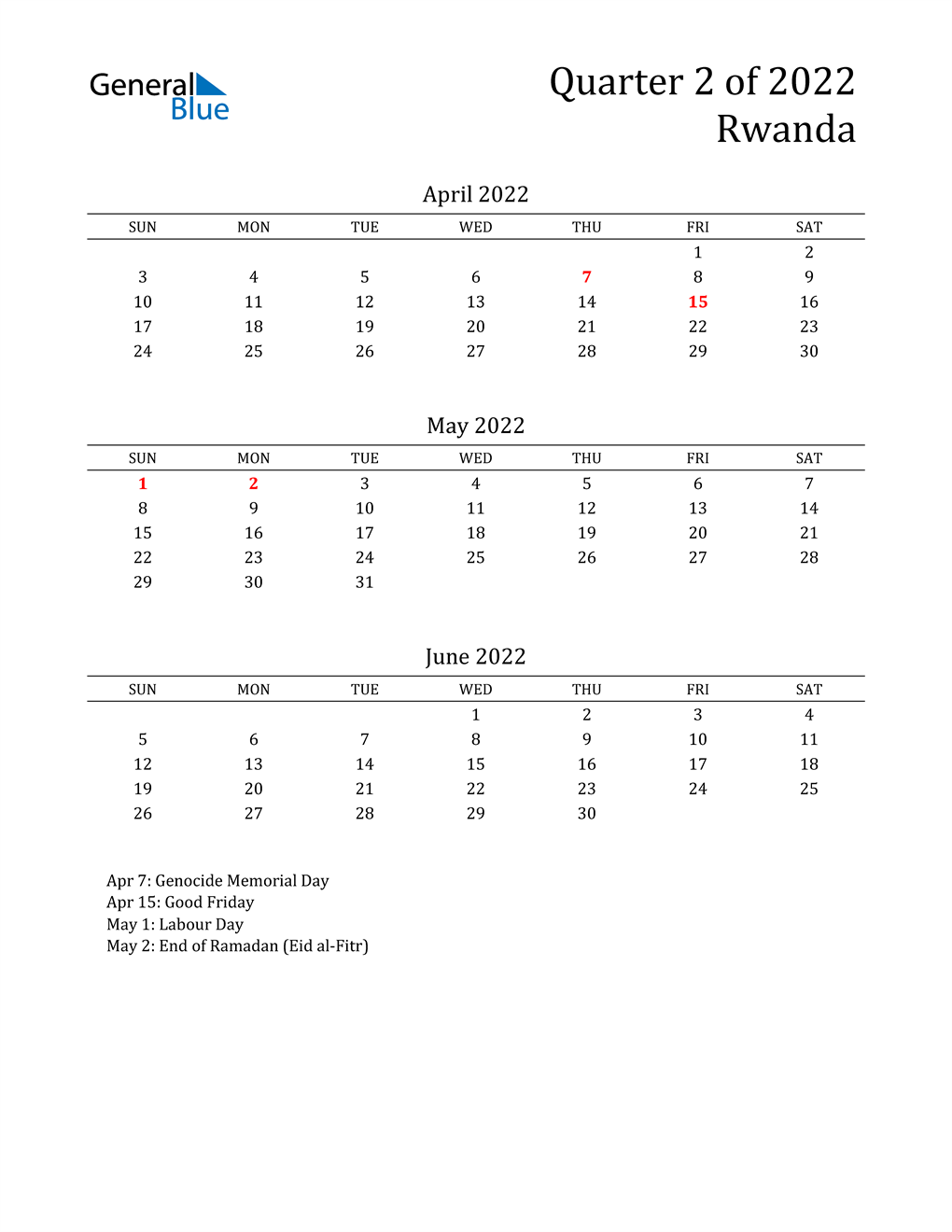  2022 Rwanda Quarterly Calendar