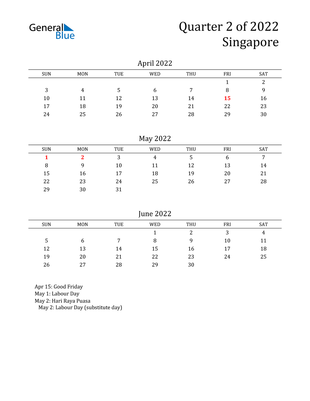  2022 Singapore Quarterly Calendar