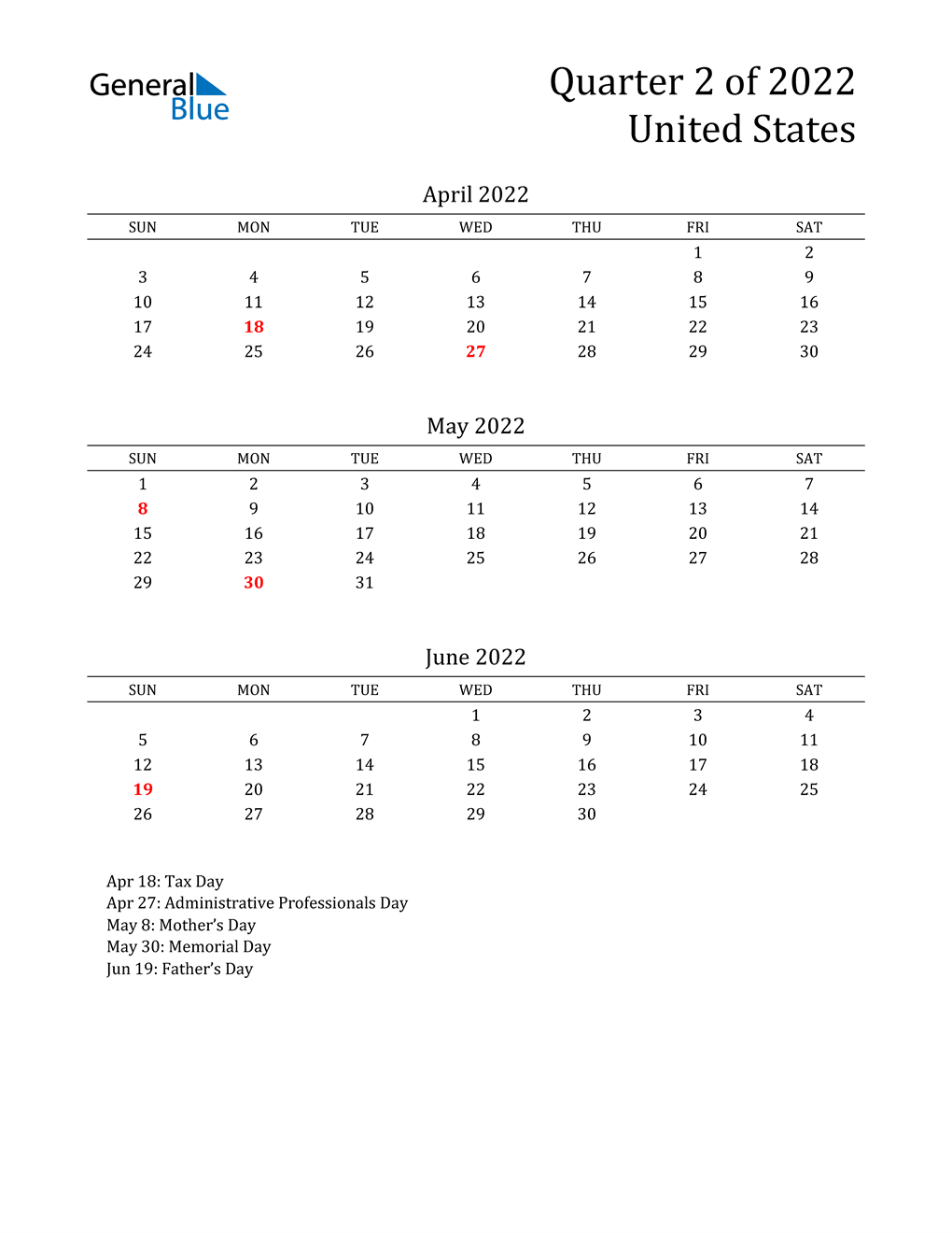 Q2 2022 Quarterly Calendar With United States Holidays 9405