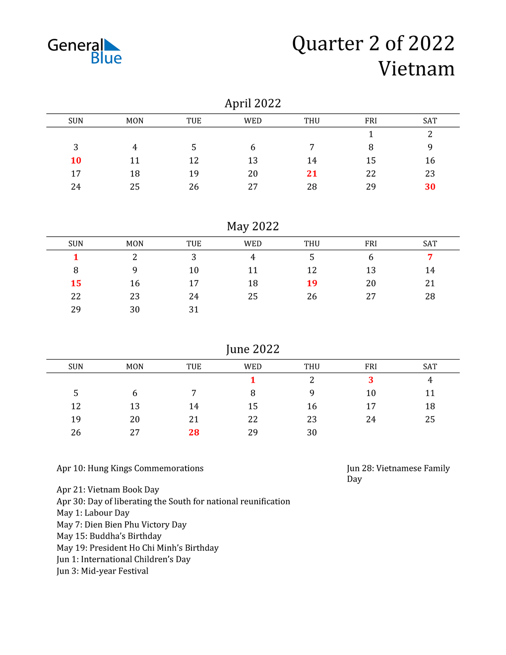  2022 Vietnam Quarterly Calendar