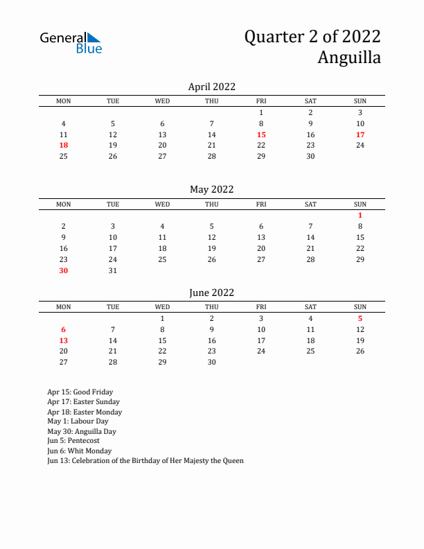 Quarter 2 2022 Anguilla Quarterly Calendar